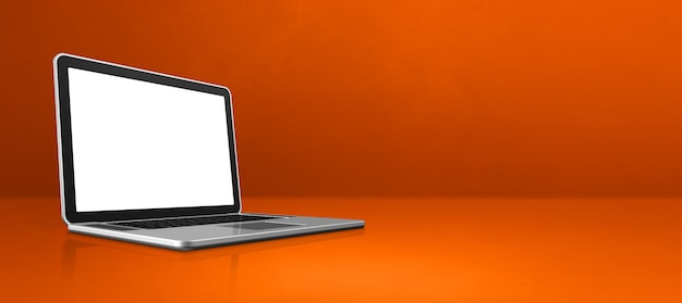Laptop-Computer auf orangeem Büroszenenhintergrundbanner. 3D-Illustration