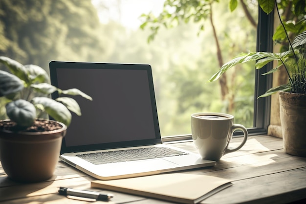 Laptop-Computer, Kaffee, Bleistift und Pflanzendekoration an einem Arbeitsplatz mit großem Fenster und der Natur im Hintergrund