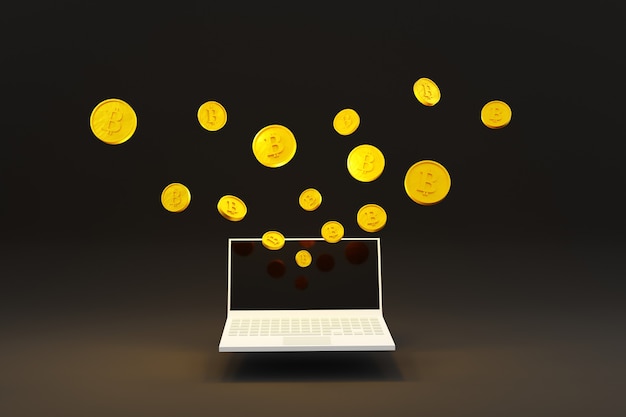 Foto laptop-computer mit bitmünzengeld geschäftsvermögensfinanzierungskonzept in dunkler illustration des hintergrundes 3d