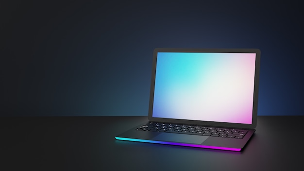 Laptop-Computer mit blauer rosa Beleuchtung und leerem Bildschirmplatz auf dunklem Hintergrund. 3D-Illustrationsbild.