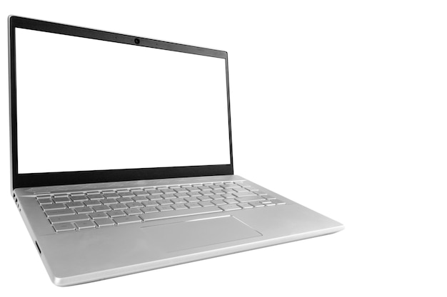 Laptop-Computer-PC mit leerem Bildschirmmodell lokalisiert auf weißem Hintergrund. Laptop isolierter Bildschirm mit Beschneidungspfad. Weißer Bildschirm des PC-Computers mit Kopierraum. Leerraum für Text.