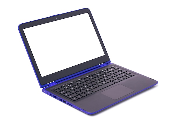 Laptop conversível moderno azul com tela branca em branco isolada em um fundo branco