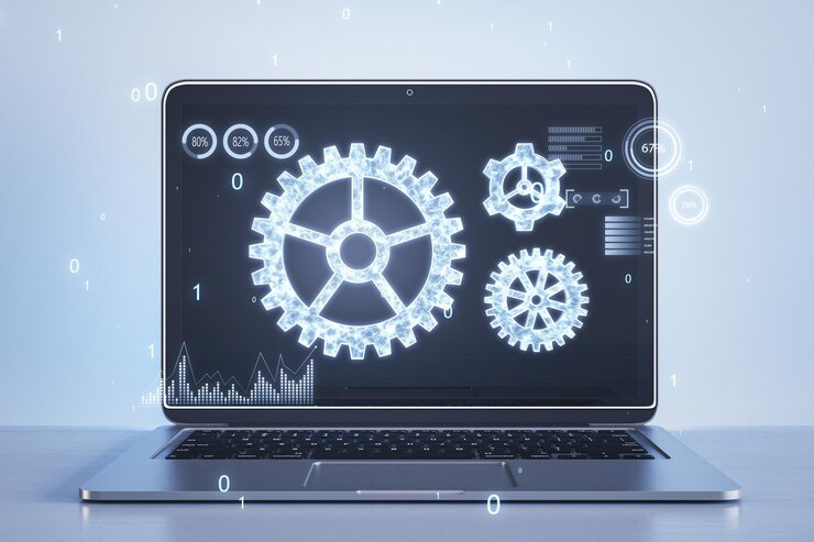 Foto laptop criativo com roda dentada de código binário brilhante na tela luz de fundo desfocada ajustando as opções de configuração do aplicativo manutenção reparo fixação renderização em 3d