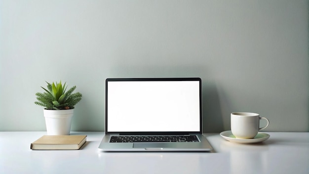 Laptop Cuaderno de café y planta en el escritorio blanco