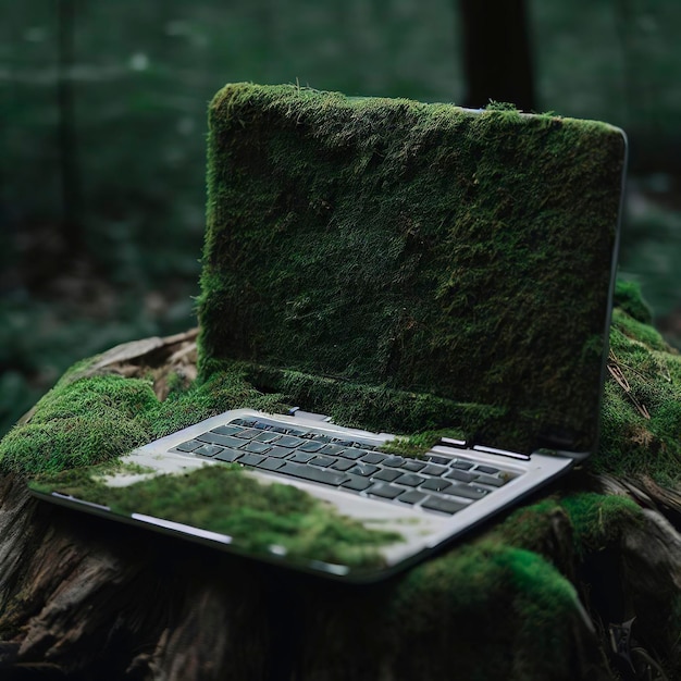 Laptop cubierto de musgo en el tronco de un árbol