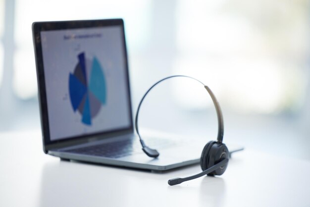 Laptop de call center vazio e fone de ouvido de vendas para pesquisa de dados de crm de telemarketing e inovação tecnológica no escritório de recepcionista Zoom de fundo suporte de atendimento ao cliente on-line e consultoria de análise