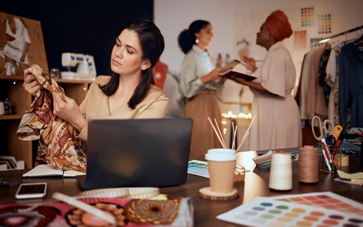 Foto laptop de designer de moda e controle de qualidade de tecido à noite enquanto trabalhava na internet para cadeia de suprimentos de comércio eletrônico e vendas de compras online mulher com roupas para processo de inspeção de dropshipping