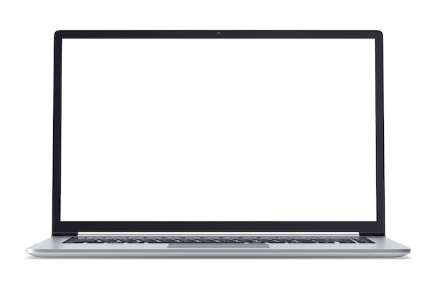Laptop de escritório de metal moderno ou notebook de negócios prateado com tela em branco isolada em ilustração 3d de fundo branco