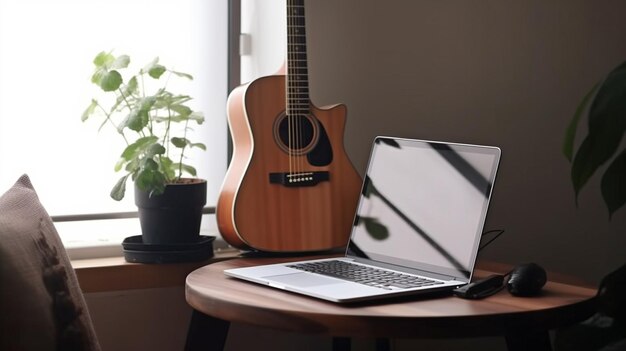 Foto laptop de escritório doméstico ai generativo com tela em branco na mesa e violão nas proximidades