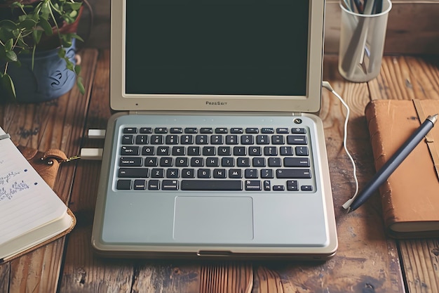 Laptop de estilo vintage em uma mesa de madeira com caderno e caneta evocando um espaço de trabalho freelancer aconchegante