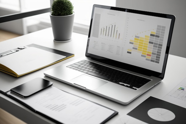 Laptop de maquete com tela em branco na mesa branca com calculadora e papelada de gráfico gráfico Ambiente de escritório ou casa