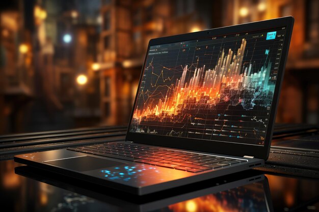 Foto laptop de ponta que exibe gráficos dinâmicos de ações