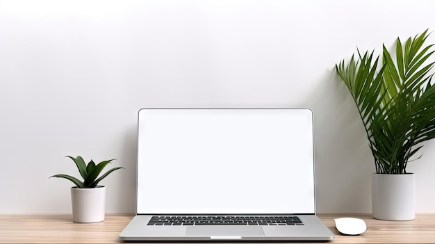 Laptop de tela em branco em mesa branca com mouse e smartphone em casa ou escritório de fundo