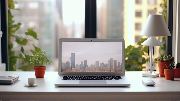 Laptop de vista frontal na mesa branca Perto está o porta-lápis de papel para documentos no escritório moderno