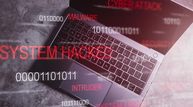 Laptop-Desktop-Ansicht mit VR-Cyberangriffsoberfläche Cybersicherheitsdatenschutz-Geschäftstechnik