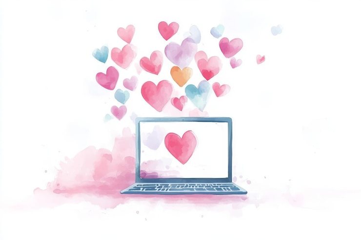 Foto laptop digital de amor con corazones flotantes