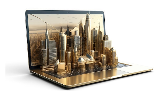 Laptop dorada con gráfico de edificios de dubai