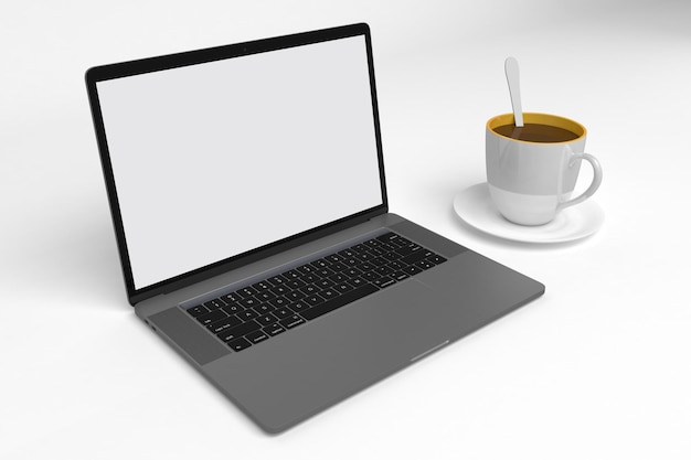 Laptop e caneca de café lado esquerdo em fundo branco