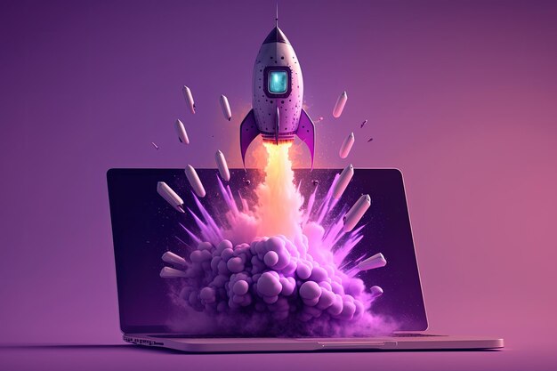 Laptop e ilustração de foguete fundo roxo Generative AI