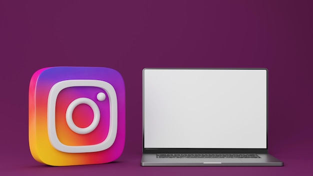 Laptop e Instagram Logos Mockup sobre fondo púrpura 3D Render