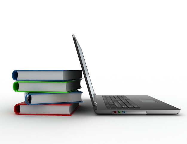 Laptop e livros. Ilustração renderizada 3D