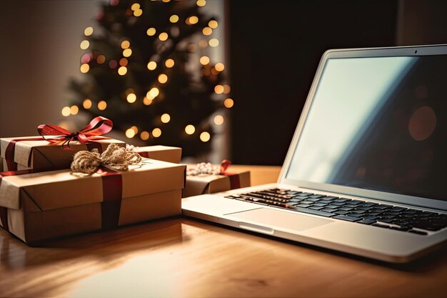 Laptop e presentes de Natal na mesa do escritório