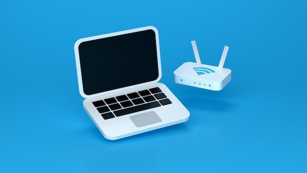 Foto laptop e router em um fundo de estúdio azul isolado minimalismo de desenho animado estilo ícone minimal 3d