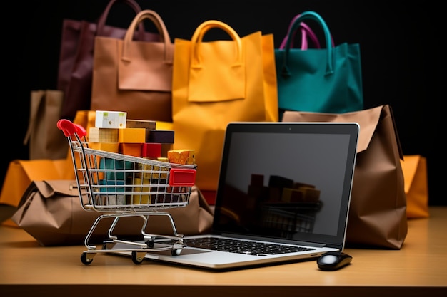 Laptop e sacolas de compras se fundem para representar a essência das compras online