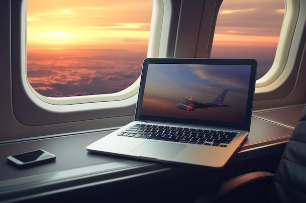 Foto laptop e smartphone na janela do avião