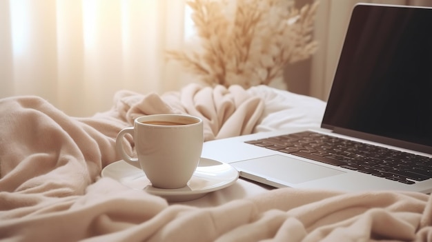 Laptop e xícara de café em uma cama branca com um cobertor