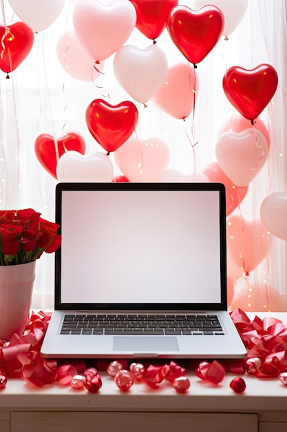 Laptop ein weißer Bildschirm Mock-up auf einem Tisch mit einem Valentinstag Dekor mit herzförmigen Ballons Blütenblättern und einem Blumenstrauß Online Grüße festliche Fernarbeit Einkaufen KI generiert