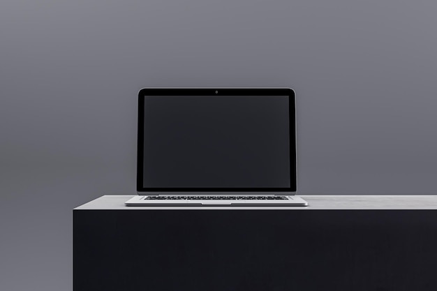 Laptop elegante en un podio negro con una pantalla oscura adecuada para pantallas y presentaciones de alta tecnología 3D Render