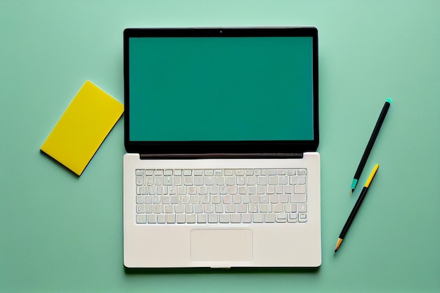 Laptop em branco para texto com caneta e lápis