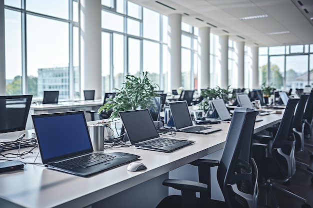 Laptop em um call center ou escritório de telemarketing