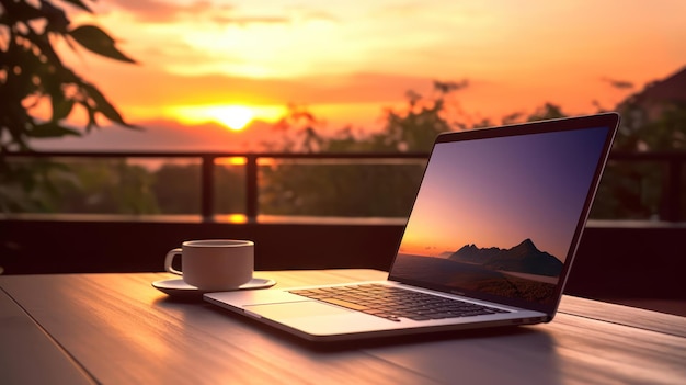 Laptop em uma mesa ao pôr do sol