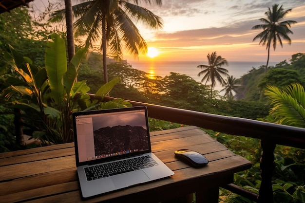 Laptop em uma mesa com pôr do sol ao fundo