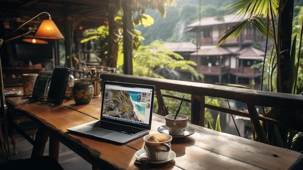 laptop em uma mesa com uma vista das montanhas