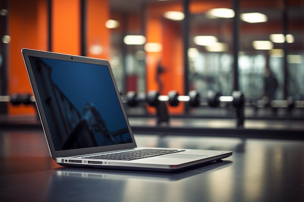 Foto laptop em uma mesa em um ginásio ou centro de fitness