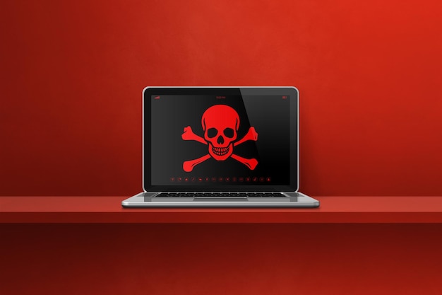 Laptop em uma prateleira com um símbolo de pirata na tela Conceito de hacking