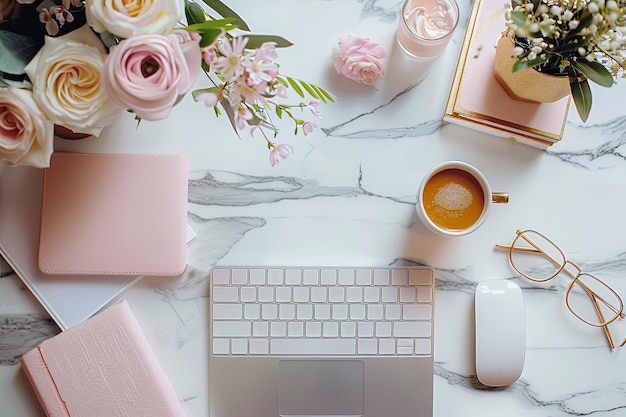 Laptop en una encimera de mármol con un arreglo floral y una taza de café Concepto de productividad y relajación