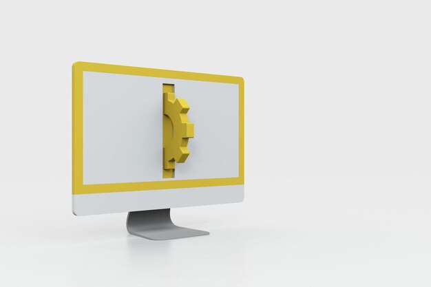 Laptop con engranajes aislado sobre blanco