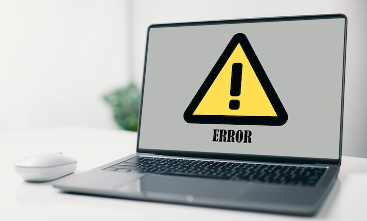 Foto laptop con error en pantalla. error recordatorio en línea de error, cuidado con el concepto de alerta.