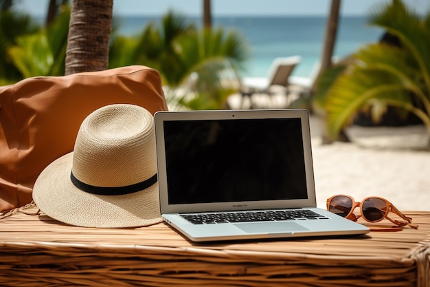 Foto laptop en un escritorio con accesorios de playa para el verano