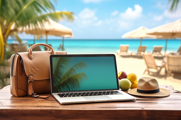 Laptop en un escritorio con accesorios de playa para el verano