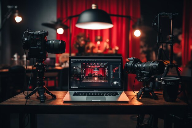 Laptop en un escritorio en un estudio de fotografía con cámaras y lentes cerca