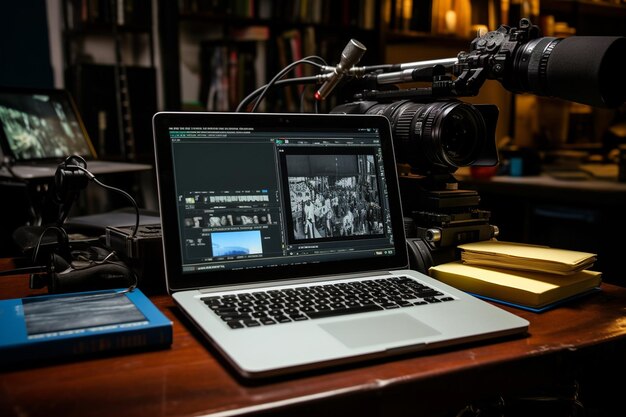 Foto laptop en un escritorio con un guión y clapperboard para la realización de películas