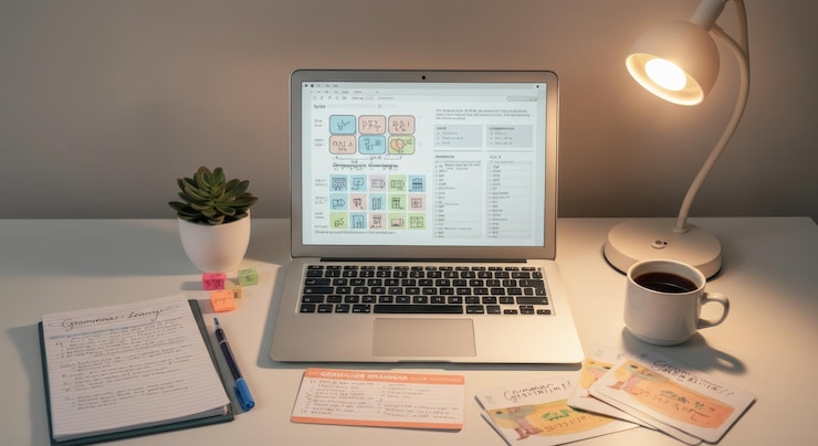 Foto laptop en el escritorio con materiales de estudio, cuaderno de plantas y taza de café