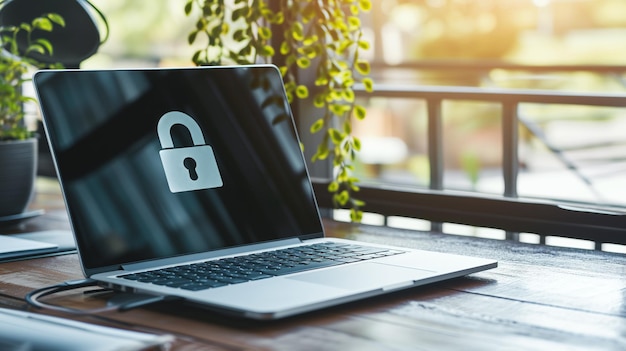 Laptop en el escritorio que muestra el icono del candado en la pantalla que indica la privacidad de los datos