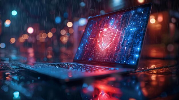 Laptop y escudo de ciberseguridad protección digital azul símbolo de seguridad en línea uso seguro de Internet tecnología seguridad noche IA generativa