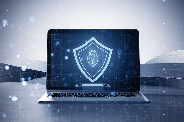 Laptop con escudo holográfico digital en el concepto de fondo abstracto de la seguridad cibernética Renderización 3D